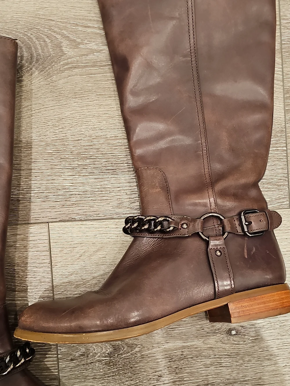 COACH Mabel Tall Brown Knee-High Riding Boots w/Chain Ankle Strap Leather Size 7